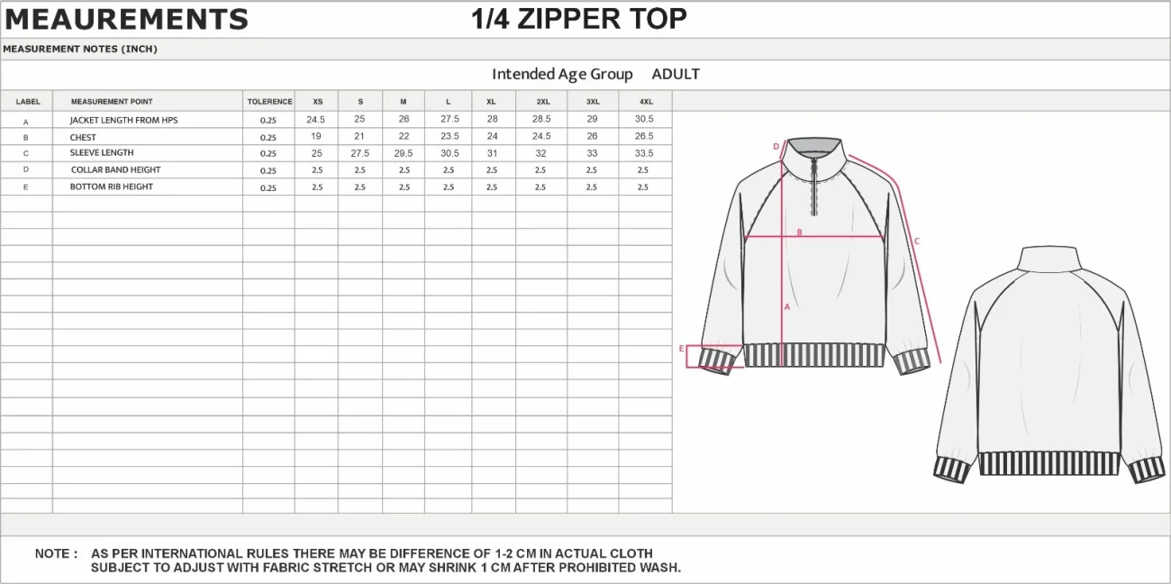 1:4 zipper top size chart